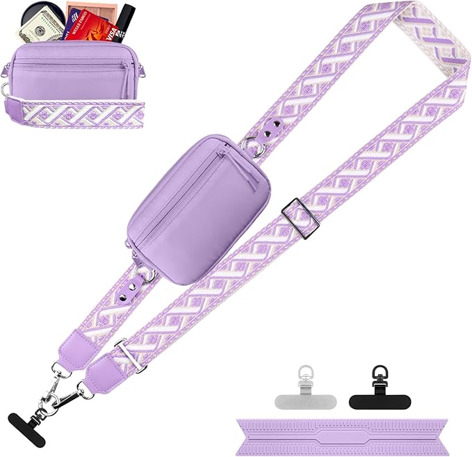 Clip and Go Strap for Phone with Wallet Crossbody, Adjustable Phone Lanyard with Detachable RFID Wristlet Wallet, Pattern Strap, Purple (M)