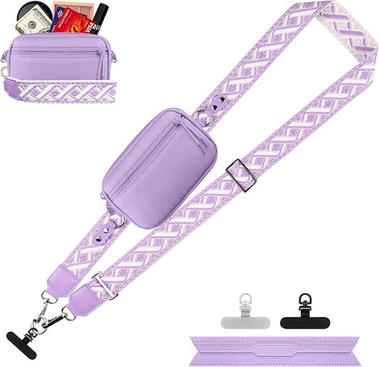 Clip and Go Strap for Phone with Wallet Crossbody, Adjustable Phone Lanyard with Detachable RFID Wristlet Wallet, Pattern Strap, Purple (M)