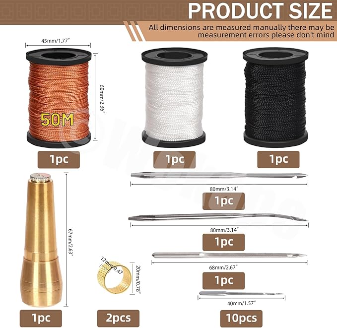 Wokape 19Pcs Canvas Leather Sewing Awl Needles Assortment Kit Contains Straight and Curved Needles, 3 Colors 50m Waxed Nylon Cord Threads with Coils, Copper Handle, Thimbles for DIY, Leather Repair