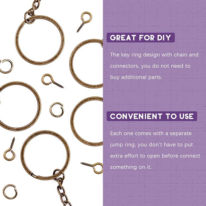 Swpeet 100Pcs 6/5 Inch 30mm Bronze Flat Key Chain Rings Kit, Including Split Keychain Rings with Chain and Jump Ring with Screw Eye Pins for Jewelry Making