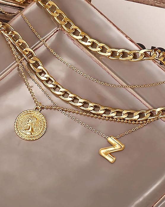 MJartoria Layered Necklaces for Women Trendy Balloon Initial Coin Pendant Necklace Dainty Chunky Chain Choker Necklaces Jewelry Birthday Gifts