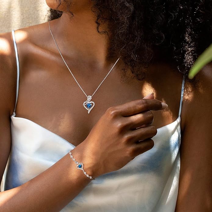 AGVANA Christmas Gifts Rosy Reverie Birthstone Necklace for Women Sterling Silver Genuine or Created Gemstone Rose Flower Heart Pendant Necklace Anniversary Birthday Gifts for Women Mom Wife Her