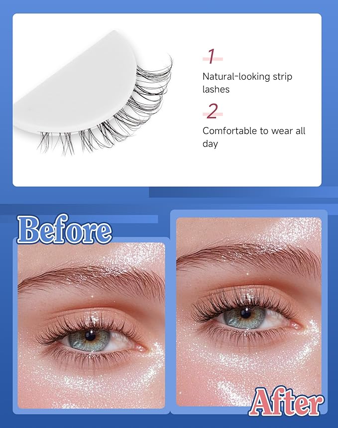 Short Lashes Natural Look Wispy False Eyelashes Flared Strip Eyelash Small Lash Fluffy Clear Band 7 Pairs C21