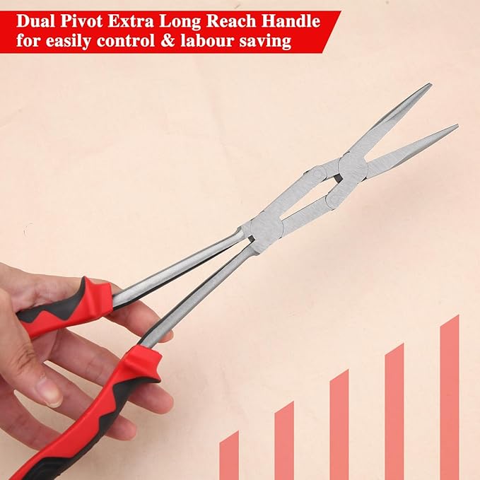 13" Extra Long Needle Nose Pliers, Straight Dual Material Long Reach Pliers with Serrated Jaw, Double-joint Long Nose Pliers Extended Reach Needle Nose Pliers for Hard to Reach Narrow Spaces
