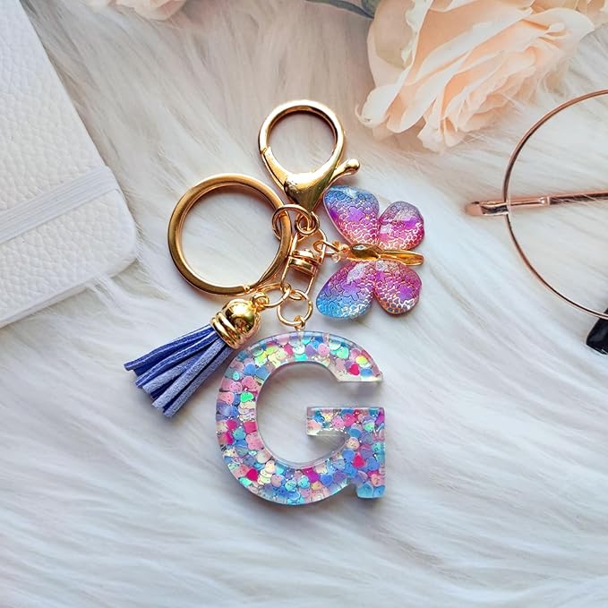 Cute Initial Letter Keychains for Women Girls Tassel Butterfly Pink Purple Green Keychain for Backpack School Bag