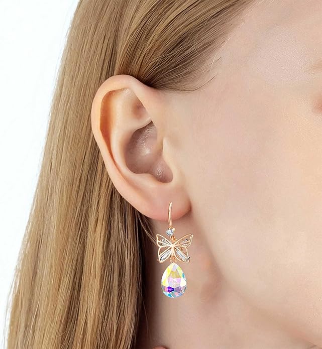 Austrian Crystal Teardrop Butterfly Drop Dangle Earrings for Women 14K Rose Gold Plated Hypoallergenic Jewelry