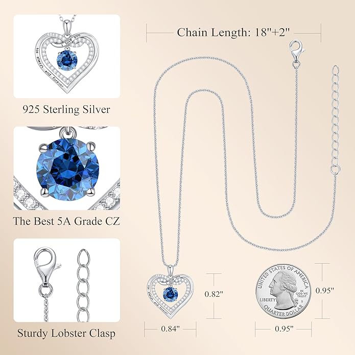 G&GEMSJEW Infinity Heart Birthstone Necklaces for Women, 925 Sterling Silver Jewelry, Pendant Heart Necklaces Birthday Anniversary Christmas Gift for Women Wife Mom Girlfriend Lady