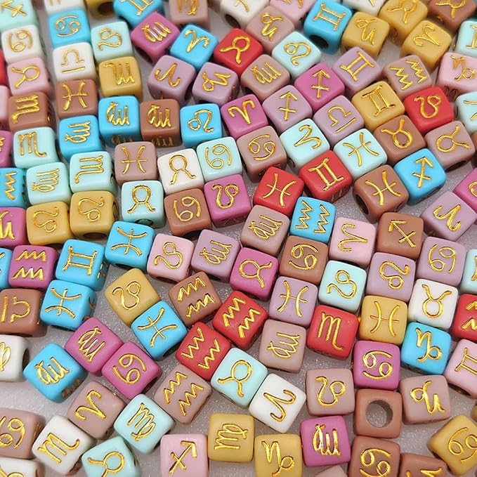 200+ Pieces 7x7mm Colorful Gold Cube Acrylic Alphabet Zodiac Charms Constellation Beads Mixed Plastic Shape Loose Beads forJewelry Making Bracelets Necklaces Key Chains (Gold on Colorful)