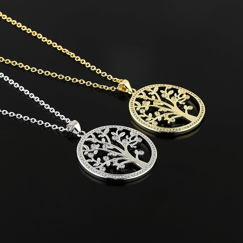JOR Tree of Life Charm Pendant Necklace, CZ, Men & Women Unisex Jewelry, Dainty Gold & Silver Plated Chain Combo 18 inch (Pack of 2)