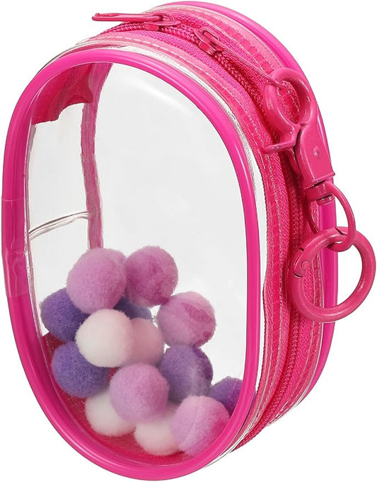 uxcell 4 Inch Clear Figure Display Bag, Mini Clear Pouch Waterproof Coin Pouch with Keychain and Pom Poms for Blind Box Doll Display (Round, Red)