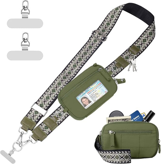 Clip and Go Strap for Phone with Wallet Crossbody Phone Lanyard with Anti-Theft Zipper Pouch Detachable Quilted Wrist Wallet with RFID and ID Window for Daily Travel. Green