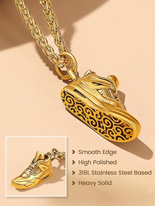 Bestyle Sneaker Shoe Necklace for Men, Chunky Vintage Black Gold Shoe Pendant Cool Cute Sport Jewelry for Brother Husband