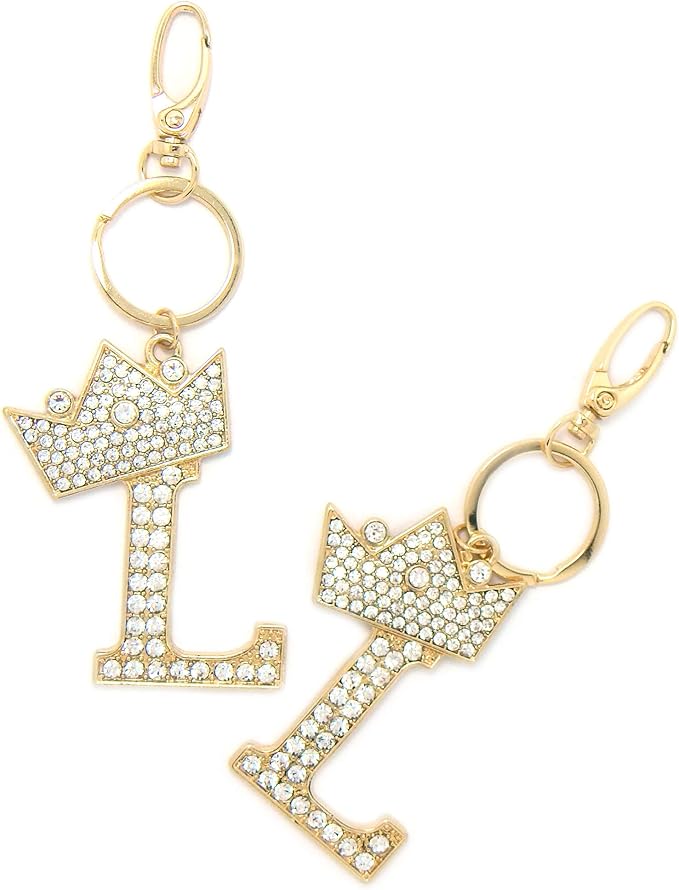 CBC Crown Crystal Rhinestone Letter Initial Keychain, Gold Metal, Bag Charm with Key Ring Approx. 2.17" x 2.56"