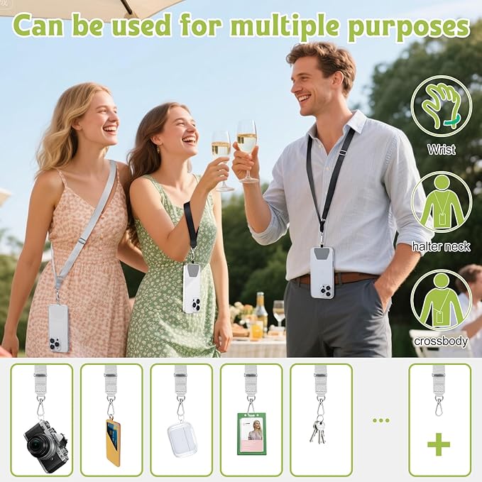takyu Phone Lanyard, 2 Pack Crossbody Anti-Drop Neck and Wrist Strap with 2 Pcs Tether Patches, Secure Hands-Free Compatible for iPhone Samsung Perfect for Nurses, Teachers, Travel, Hiking Black+Gray