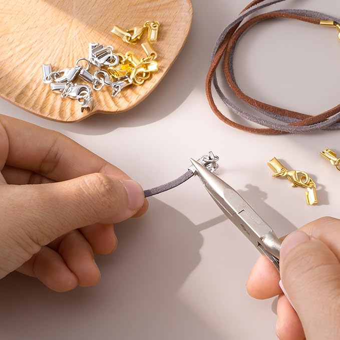 OIIKI 6pcs Cord End Caps with Lobster Clasp, 4mm Leather Cord Ends Jewelry Clasps, Brass Barrel Terminators Leather Jewelry Connector for DIY Necklaces Bracelets Keychains- Gold & Silver