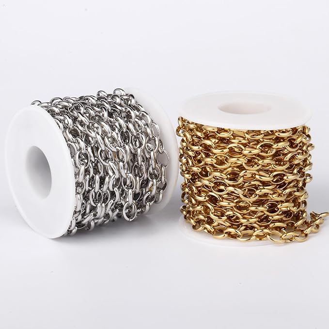 16.5FT Gold Oval Rolo Chains Roll, 7.5mm Width 18K Gold PVD Plated 304 Stainless Steel Oval Cable Link Chain Bulk Spool for Jewelry Making DIY Craft