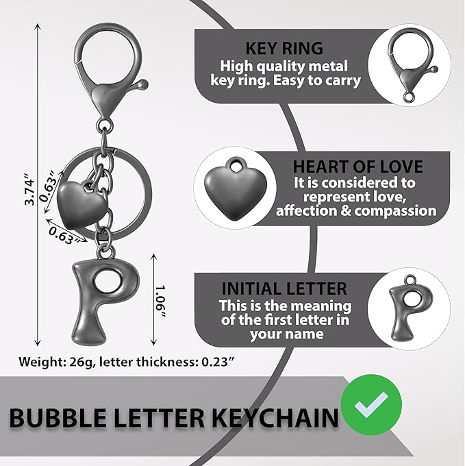 Heart Bubble Letter Keychain for Women, Girls - Cute Keychain with Initial - Alphabet Keychain for Bag Charm, Handbag