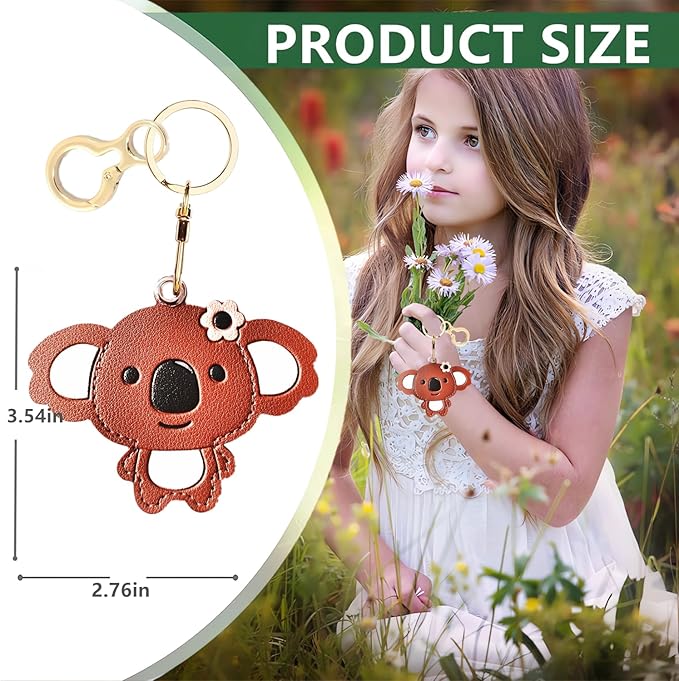 Leather Keychain Holder Case Compatible with AirTag,Cute Protective Cover with Keyring,Anti-Scratch Finder GPS Tracker Case for Wallet Keys,Bag,Pets(Koala Brown)