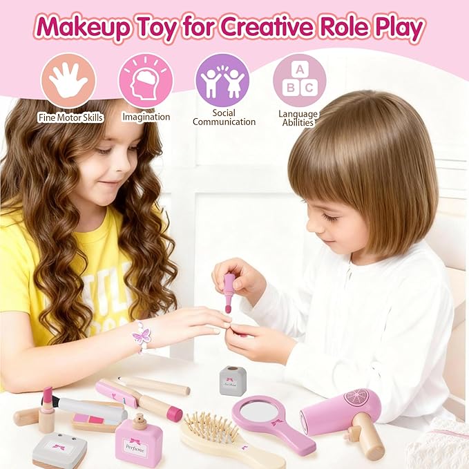 Wooden Makeup Toy Set for Toddler,Kids Pretend Play,Children Role Play Toys,Fake Cosmetics Salon Toys,Princess Dressup Accessories with Bag Birthday Gift for Girls 3 4 5 6
