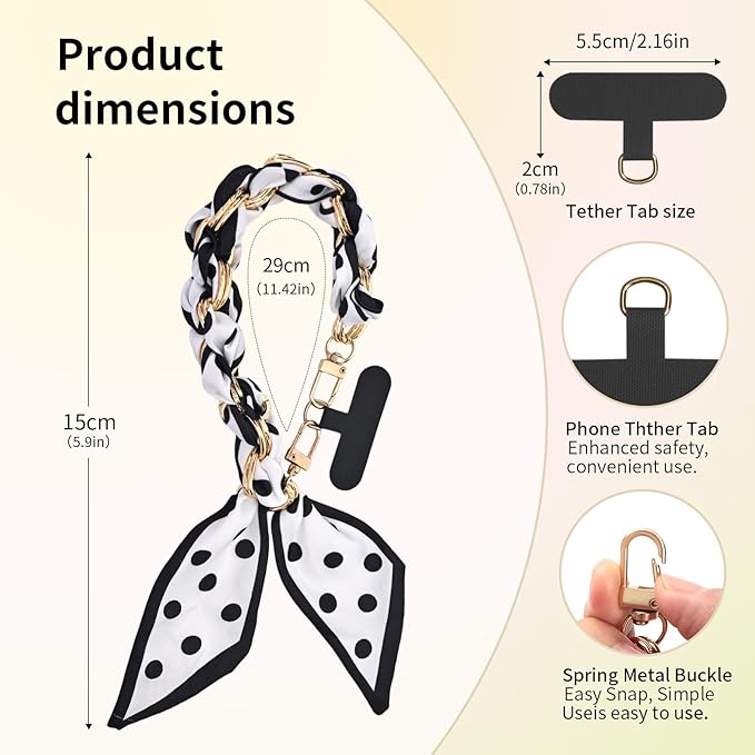 Fycyko Phone Wrist Strap with Gold Metal Scarf and Universal Tether Tab, Aesthetic Print Design Ribbon Chain, Multi-Purpose Accessories for Bag Key Cellphone for Men Women Girls-Black Polka Dot