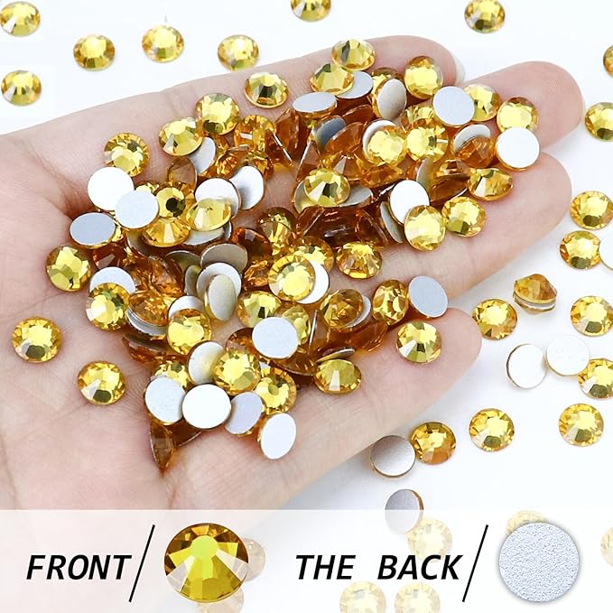 288PCS SS30 Crystal Glass Flatback Rhinestones, Round Flat Back Crystal Gems for Nail Art and Craft Clothes, Glue Fix Diamond Stones Topaz Gold (6.4-6.6mm)