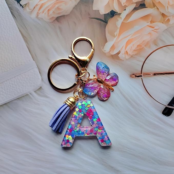 Cute Initial Letter Keychains for Women Girls Tassel Butterfly Pink Purple Green Keychain for Backpack School Bag
