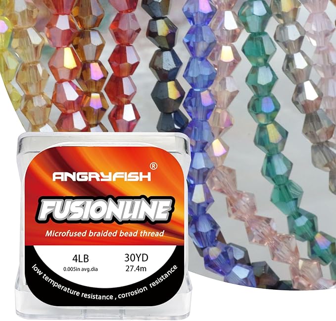 ANGRYFISH Fusionline,Micro-Fused Braided Thread,Unbelievably High Tensile Strength,Not Stretch,Super Strong Stringing Material for Bracelet,Jewelry Making and Bead Weaving (Crystal, 8lb,0.007in-30yd)