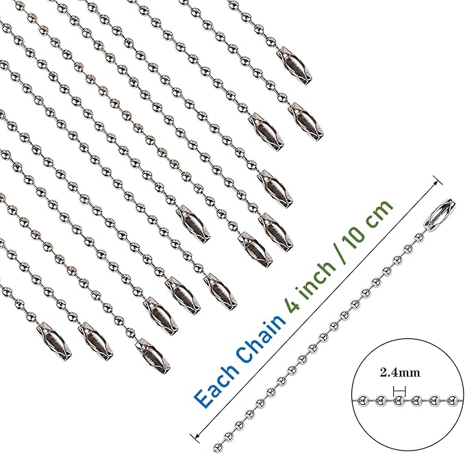 150pcs Ball Bead Chain 4 inch, Stainless Steel Bulk Dog Name Tag DIY Keychains Key Ring Crafting with Connectors Clasp (2.4mm Ball,150pcs X 10cm Chain, Silver)