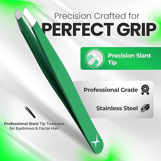 Stainless Steel Mini Slant Tweezer - Professional Precision Eyebrow Tweezers for Women & Men, Rust-Proof Travel Grooming Tool for Facial Hair Removal, Chin Hair & Ingrowns (Matte Forest Green)