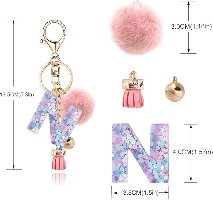 Resin Alphabet Initial Letter Keychain Keyring for Women Purse Handbags With Fur Ball Pom