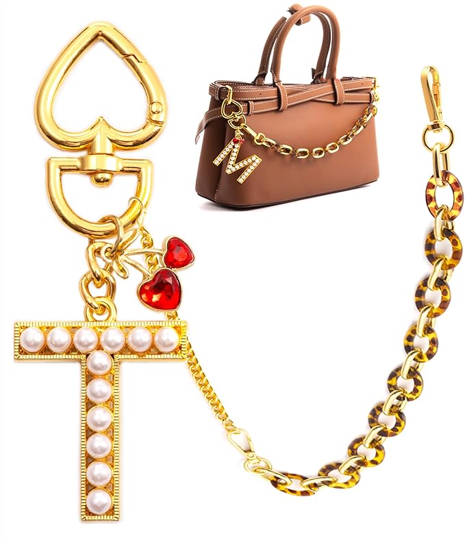 Pearl Initial Keychain with Leopard Bag Charms Wallet Chain Women Cute Alphabet Keychains Charm for Purse Handbag