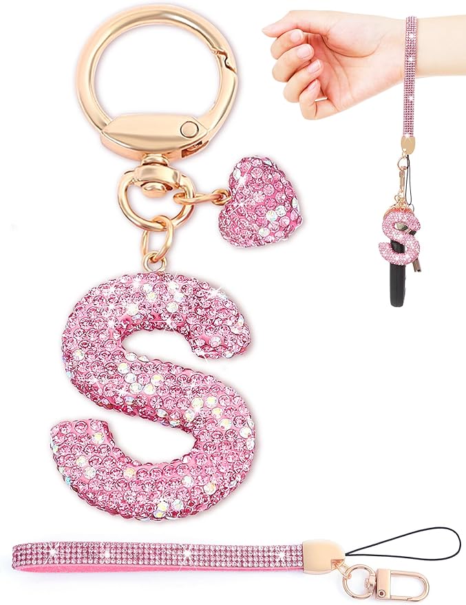 Initial Keychain for Women Girls,Bling Letter Key chain Initial with Heart,Pink Keychain Charms for Backpack Handbag
