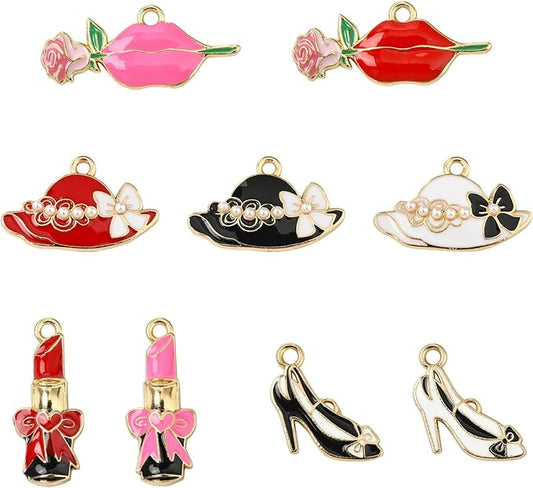Stiesy 45 Pcs Lady Theme Alloy Enamel Charms Lip Hat High-heeled Shoes Lipstick Shape Dangle Charms Pendant for DIY Jewelry Making Necklace Bracelet keychain Crafts