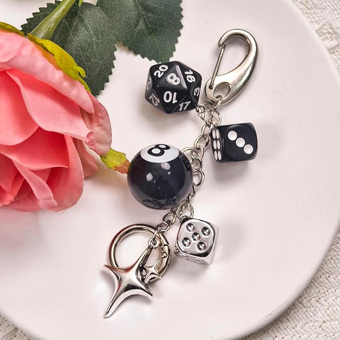 Y2K Keychain for Women, 8 Ball Dice Charm with Carabiner Clip - Cute Goth Core Keychain Bag Charm for Keys Bags Jeans