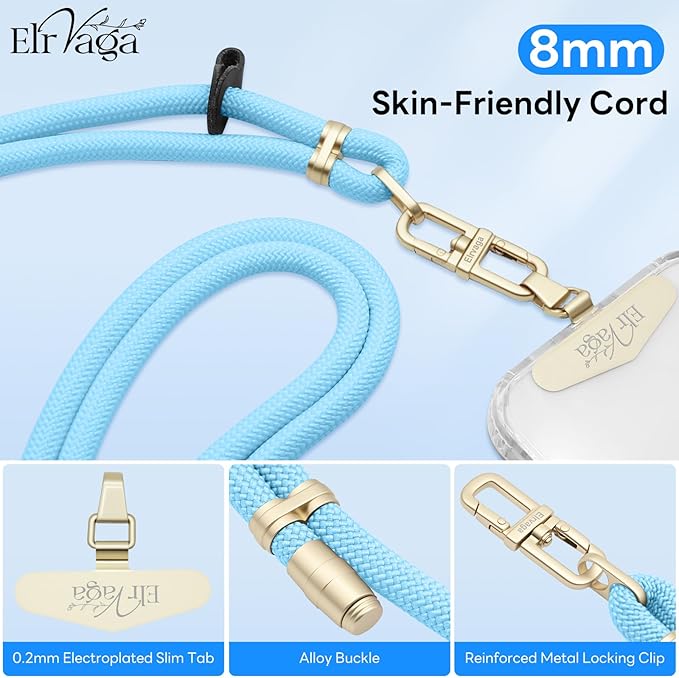 Adjustable Anti-Theft Phone Lanyard Neck & Crossbody Strap with 0.2mm Metal Tab & Comfort-Fit 8mm Rope(Sky Blue)