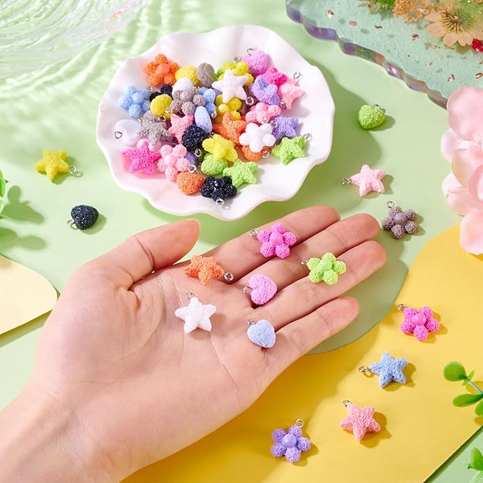 Resin Love Heart Star Flower Charms Colorful Heart Floral Pentagram Pendants Cute Hang Ornament for DIY Crafts Necklace Bracelet Keychain Jewelry Making