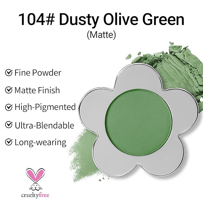 Erinde Olive Green Matte Eyeshadow Palette, Velvet Eye Shadow Compact Powder Primer Base Makeup, Long-Lasting Eye Makeup, Ultra-Blendable, Pigmented Color, Vegan Formula, 104 Dusty Olive Green