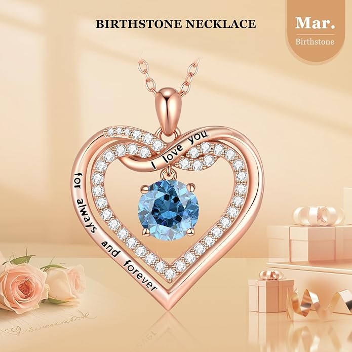 G&GEMSJEW Infinity Heart Birthstone Necklaces for Women, 925 Sterling Silver Jewelry, Pendant Heart Necklaces Birthday Anniversary Christmas Gift for Women Wife Mom Girlfriend Lady