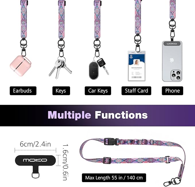 MoKo Boho Universal Phone Lanyard, Nylon Adjustable Cell Phone Crossbody Strap Detachable Women & Men Cellphone Lanyards Around the Neck with Patches for iPhone, Most Smartphones, Boho Colorful