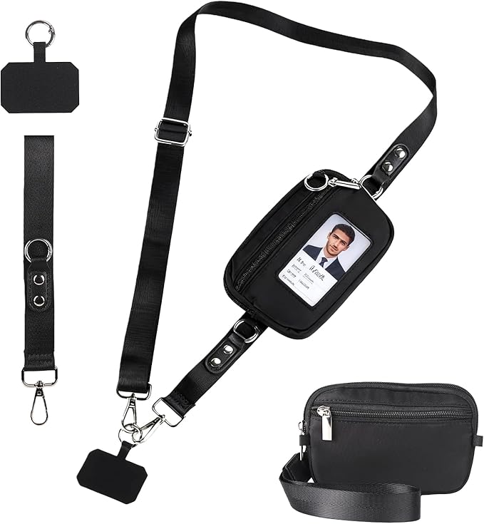 Phone Lanyard Crossbody with Wallet，Detachable Phone Strap Wristlet with ID Window and Zipper，Adjustable Strap for All Phone
