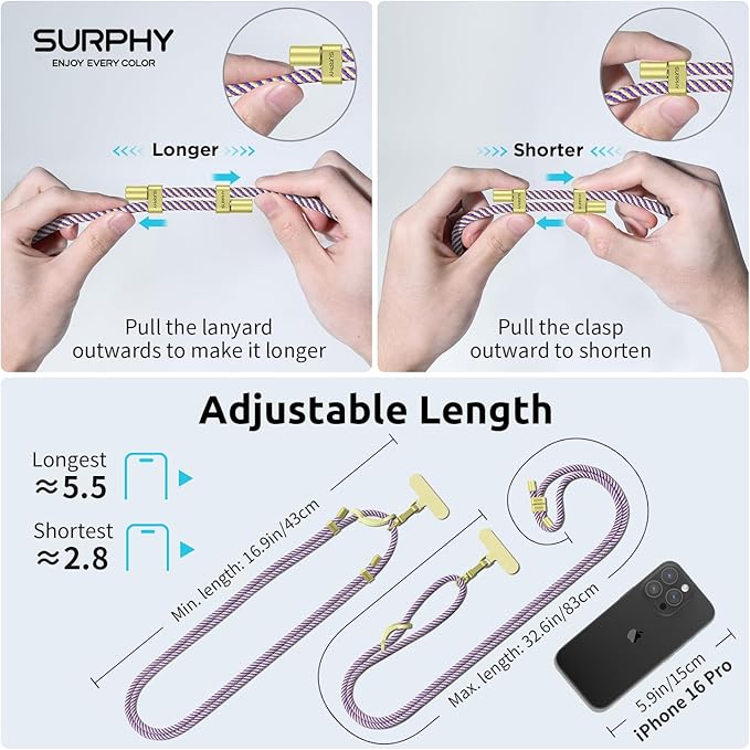 SURPHY Phone Lanyard, Adjustable Phone Strap Crossbody with 2 Pack Phone Tether Tab, Premium Metal Buckles and Two-Color Braided Cell Phone Lanyard Crossbody for Women and Men, Purple & Yellow