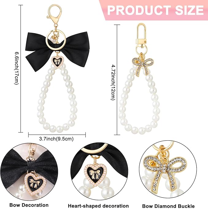 2Pcs Cute Bow Keychain for Women,Purse Charms Bow Bag Charms for Handbag, Pearl Keychain Accessories for Car