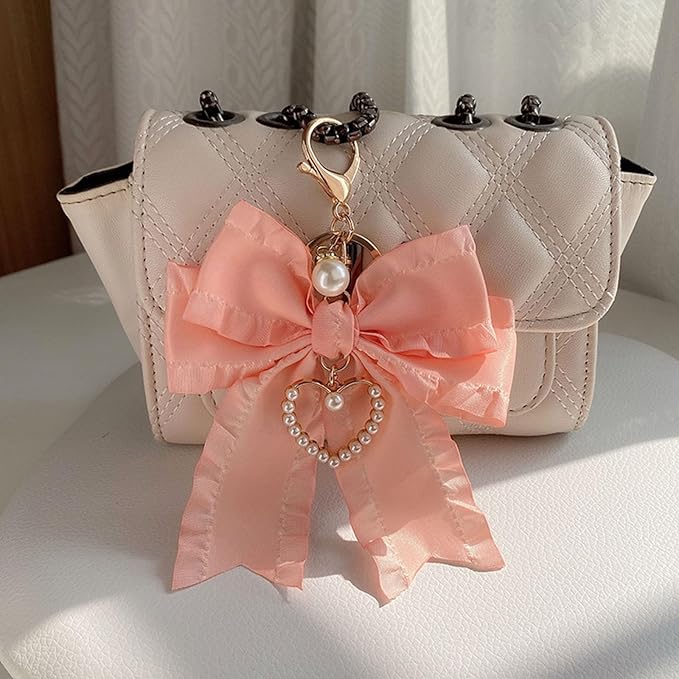 Ribbon Bowknot Bag Charms, Cute Pearl Heart Keyring Holder Purse Hanging Decorations Bag Handbag Pendant