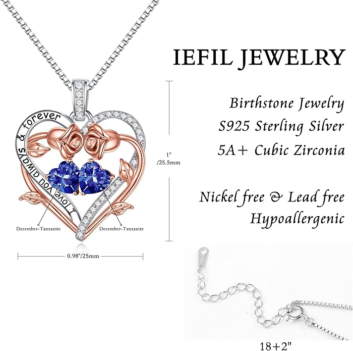 Iefil Valentines Gifts for Her Wife Women - Rose Heart Double Birthstone Necklace Gift for Wife Girlfriend Her Women, Birthstone Jewelry Gemstone Birthday Gifts for Mom Grandma Her