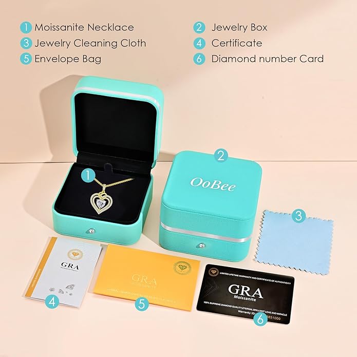 OOBEE Moissanite Heart Necklaces for Women, 1- 4 Carat Moissanite 925 Sterling Silver Gold Plating Fine Women Necklace，Ideal Anniversary Birthday Christmas Valentine Mothers Day Jewelry Gifts for Mom Wife Her Girlfriend