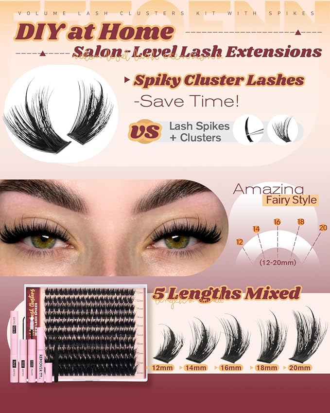 Eefofnn Manga Lash Clusters Kit Fluffy Eyelash Clusters 12-20mm Long Volume Individual Lashes Spiky D Curly Cluster Lashes Spikes Anime Thick Fairy Lash Extensions Lash Bond and Seal and Remover Kit
