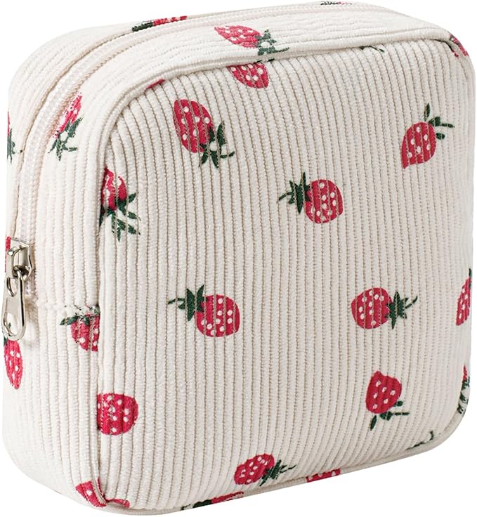 Cute Small Corduroy Zipper Makeup Bag, Mini Coquette Aesthetic Pouch with Strawberry Pattern for for Purse,Key Pocket Lipstick Bag Card Holder Data Cable Organizer for Women Girls (06Strawberry)