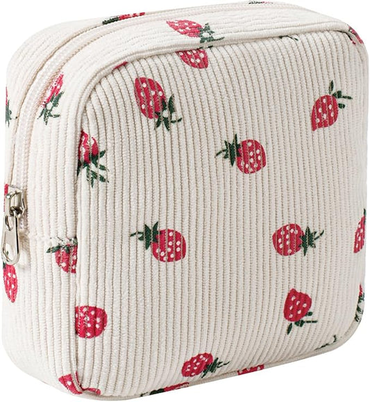 Cute Small Corduroy Zipper Makeup Bag, Mini Coquette Aesthetic Pouch with Strawberry Pattern for for Purse,Key Pocket Lipstick Bag Card Holder Data Cable Organizer for Women Girls (06Strawberry)