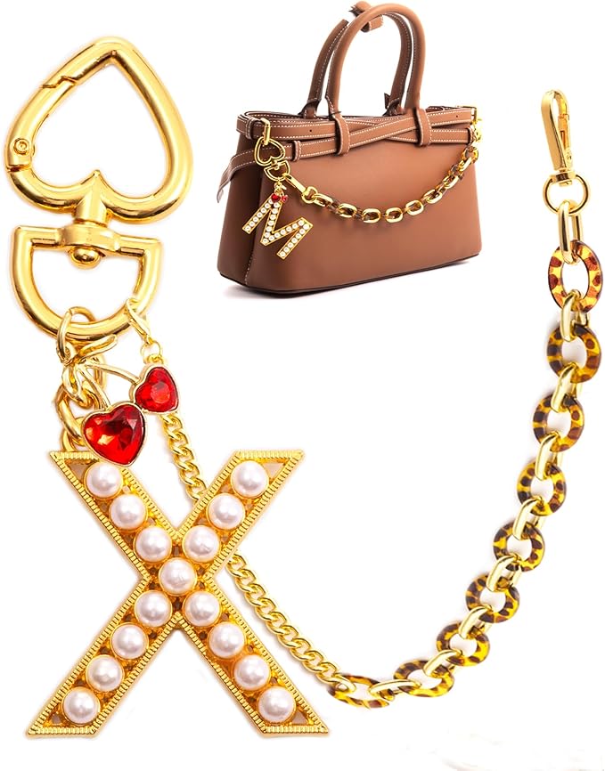 Pearl Initial Keychain with Leopard Bag Charms Wallet Chain Women Cute Alphabet Keychains Charm for Purse Handbag