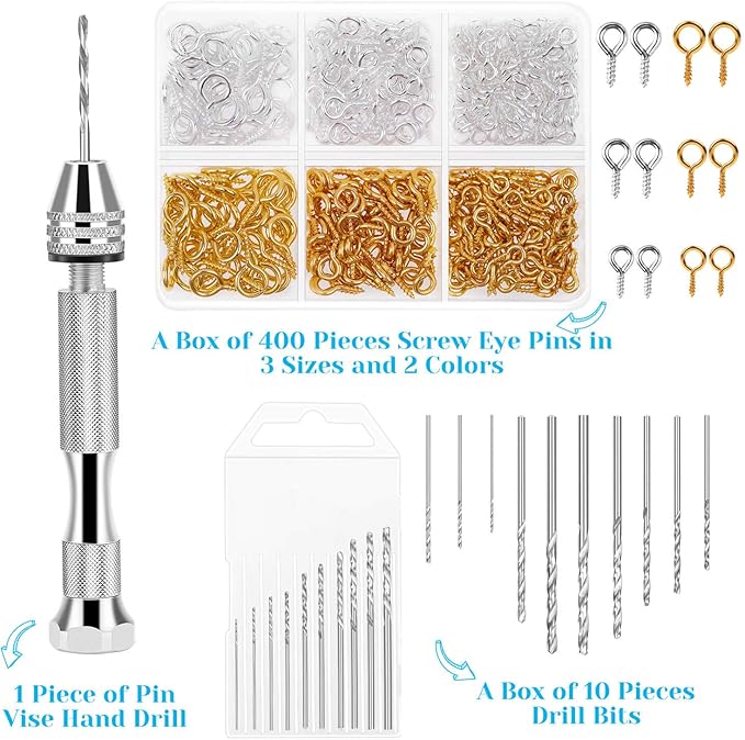 Pin Vise for Resin Casting Molds, Shynek Hand Drill for Jewelry Making Resin Tools Includes 1Pcs Push Hand Drill 10Pcs Drill Bits 480Pcs Eye Screws for DIY Keychain (Gold+silver)